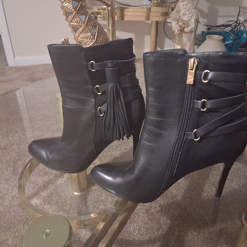 Adrianna Papell Black Heeled Boots with Tassel Accent